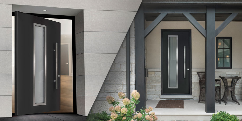 Aluminum clad custom wood entry doors in black and white, offering a striking contrast for a sophisticated entrance.
