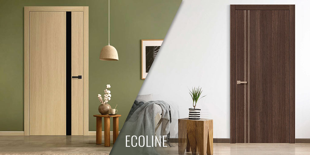 Elegant wood panel doors and table - Ecoline interior doors featuring two doors with wood panels and a complementary wooden table.