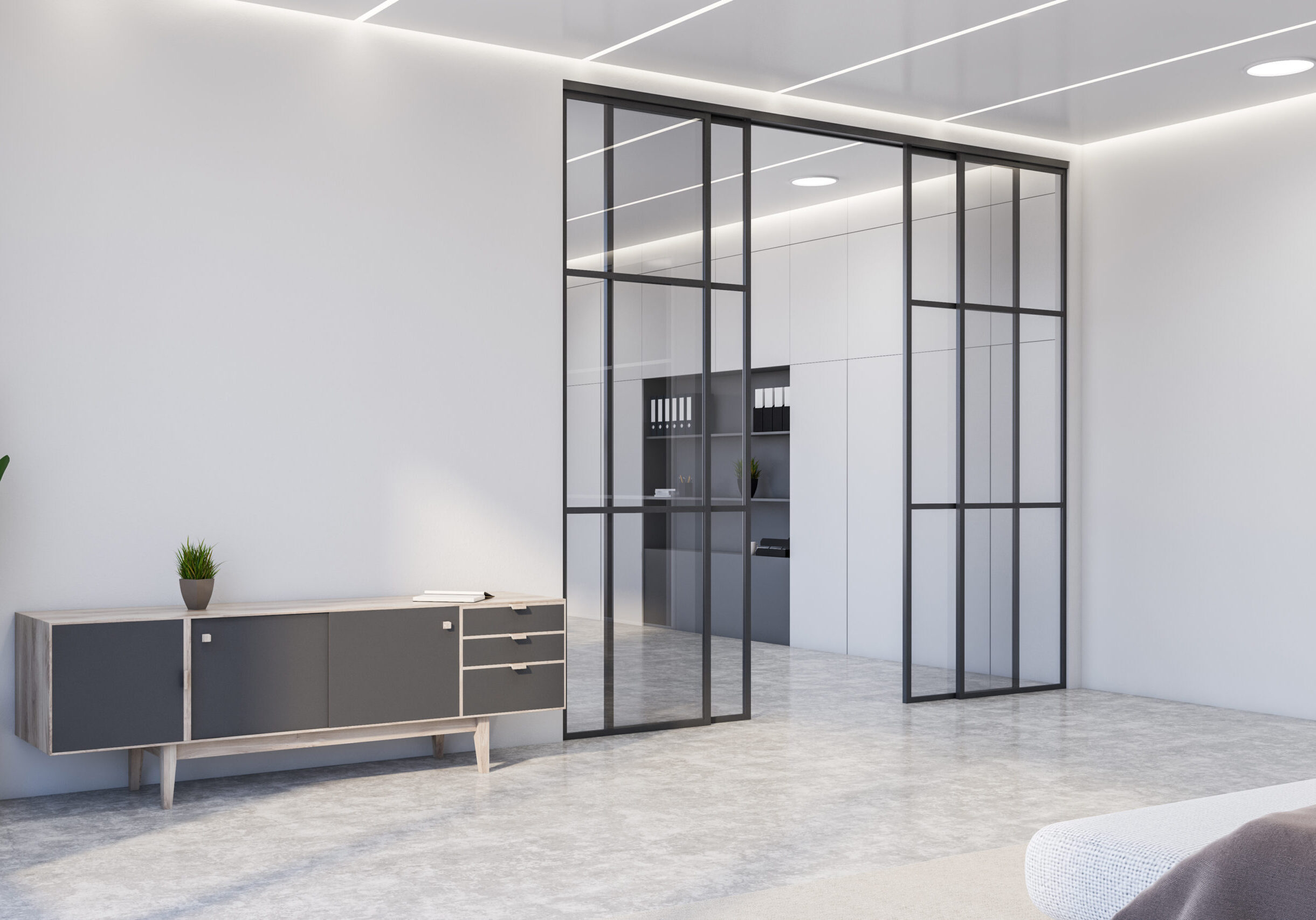 Corner of stylish living room with white walls, concrete floor, comfortable gray chest of drawers and home office with bookcase in background. 3d rendering